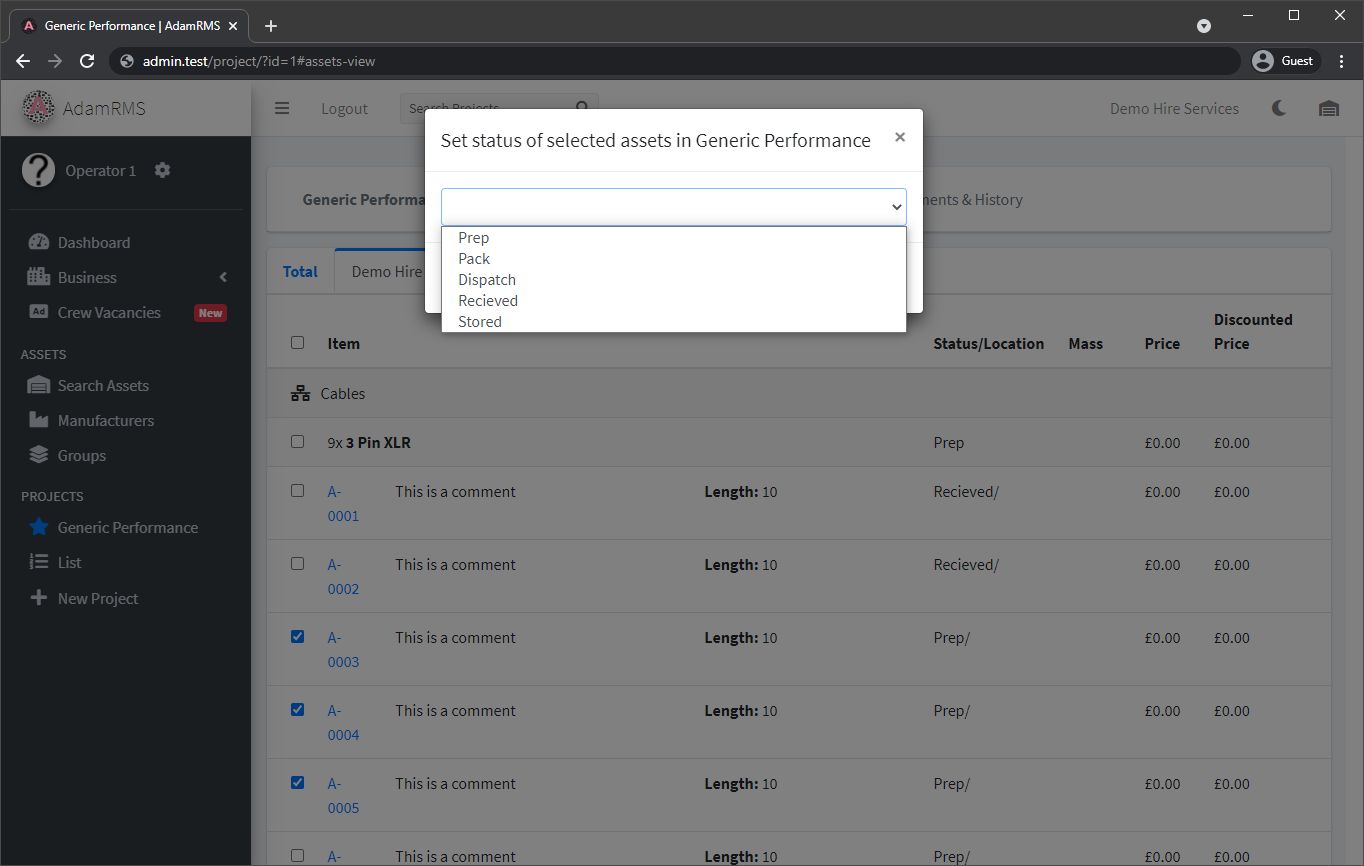 Setting status for selected assets