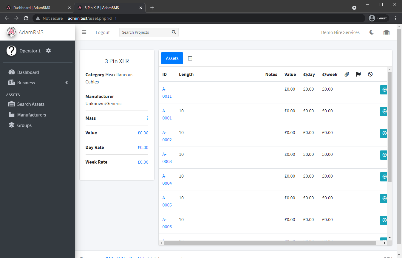 Asset Type Listing of XLR